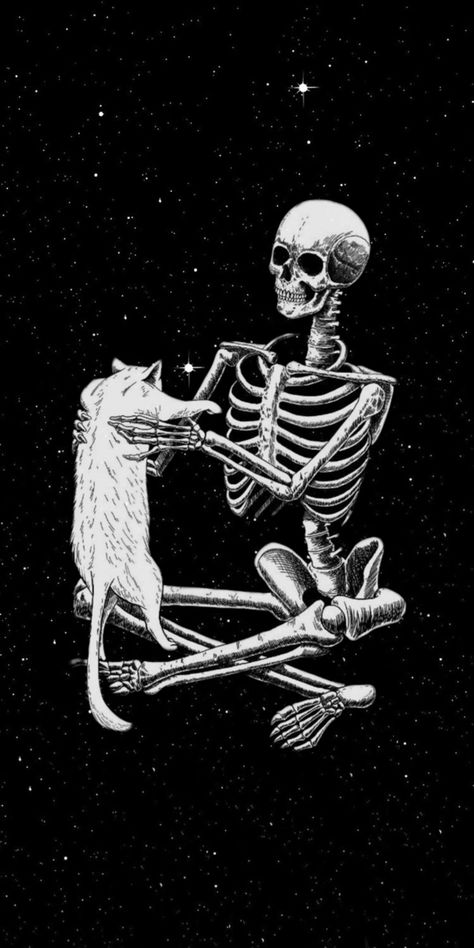 Cat And Skeleton, Tiina Menzel, Skeletons Funny, Coraline Cat, Skeleton Artwork, Halloween Wallpaper Iphone Backgrounds, Skeleton Drawings, Bow Wallpaper, Gothic Wallpaper