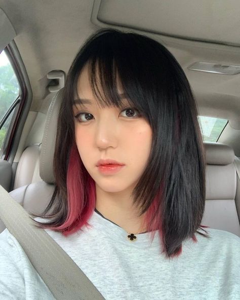 Short Hair Color Streaks, Kpop Bangs Hairstyle, Pink Short Hair, Two Color Hair, Hidden Hair Color, Hair Colors Ideas, Peekaboo Hair Colors, Hair Dye Tips, Fishtail Braids