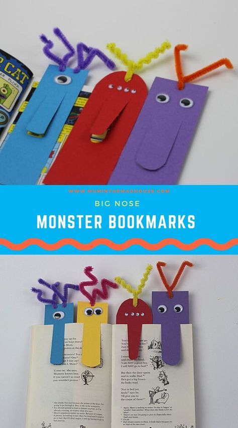 Big Nose Monster Bookmarks - Mum In The Madhouse Book Preschool Crafts, Making Bookmarks With Kids, Bookmark Diy Kids, Diy Book For Kids, Books Crafts For Kids, Diy Kids Bookmarks, Diy Bookmarks Kids, Diy Bookmarks Creative, Diy Bookmarks For Kids