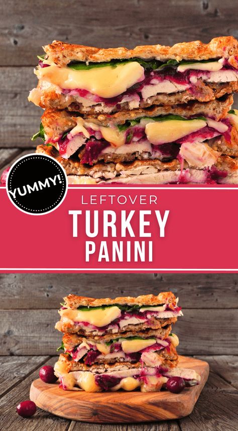 Leftover Turkey Panini is packed with layers of juicy turkey, tangy cranberry sauce, and melted cheese. This panini sandwich will revolutionize the way you enjoy those Thanksgiving leftovers. Thanksgiving Panini, Turkey Panini Sandwiches, Leftover Turkey Sandwich Recipes, Turkey Panini Recipes, Christmas Leftovers Recipes, Turkey Panini, Turkey Sandwiches Recipes, Turkey Cranberry, Juicy Turkey