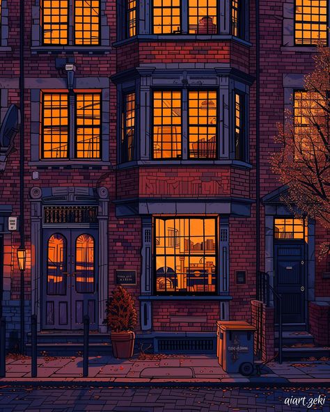 "Warm lights spill from cozy city buildings, painting the brick facades in a soft glow as evening settles in. 🌆🏠" °❀⋆.ೃ࿔*:･ ─── ❤️ ───… | Instagram Buildings Painting, Cozy City, Building Illustration, Glowing Art, Brick Facade, The Brick, City Buildings, Facades, Light Art