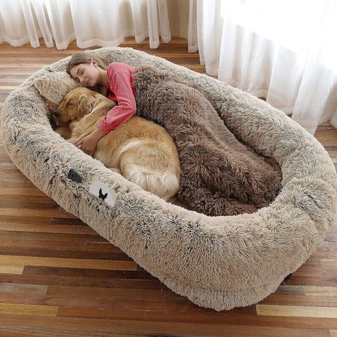 WORS Human Dog Bed provides a new way to accommodate you and your pet to rest and play at the same time! The bed cover fabric is made of premium faux fur plush. There is an added storage pocket on the side where you can store small items. In addition, there is also a strap to contain the bed and place away when not using. The bottom features non-slip rubber particles to prevent sliding. Machine-washable & extremely cozy! *This pin includes an affiliate link that is eligible for commission. Dog Bed For People, Human Dog Bed, Human Dog, Faux Fur Bedding, Fur Bedding, Pet Sofa Bed, Pillow Blanket, Giant Dogs, Pet Sofa