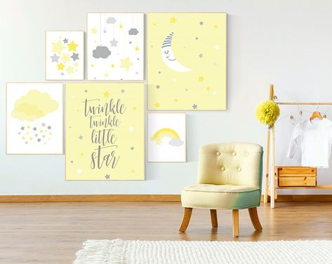 Grey Nursery Walls, Navy Blue Nursery, Twin Frame, Neutral Nursery Art, Gray Nursery, Clouds Nursery, Moon Nursery, Yellow Nursery, Yellow Moon