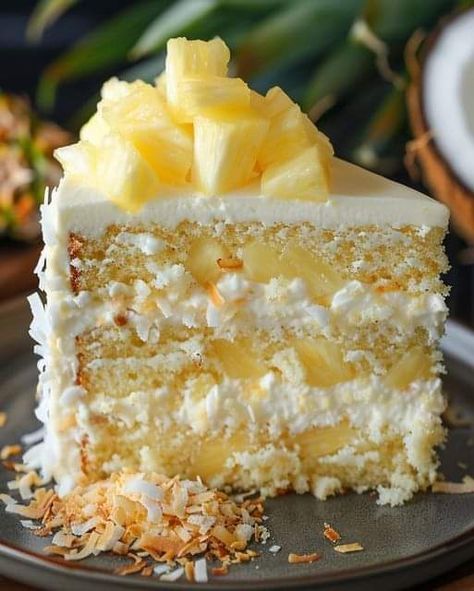 Easy Pineapple Coconut Cake. - FULL RECIPE Pineapple Dessert Easy, Optimal Recipes, Pineapple Coconut Cake, Best Coconut Cake Recipe, Coconut Pineapple Cake, Easy Pineapple Cake, Pineapple Cake Recipe, Air Fryer Recipes Dessert, Cake Filling Recipes