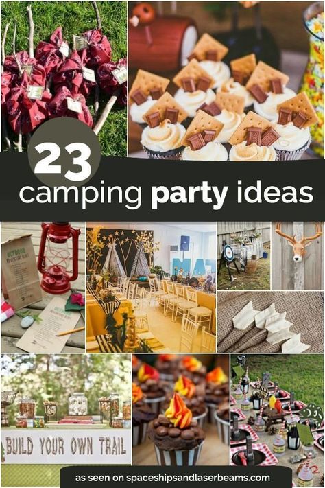 A camping themed party lends itself to so many fun outdoor-inspired designs so we’ve rounded up 23 awesome camping party ideas for you to check out. We especially love the creative Coleman lantern cake, build-your-own trail mix bar and yummy s’more party favors. But... #birthday #boys #camping Camping Party Ideas, Outdoor Camping Party, Camping Theme Birthday, Themed Party Ideas, Camping Bedarf, Camping Hacks Food, Mini Hamburgers, Tent Camping Hacks, Camping Theme Party