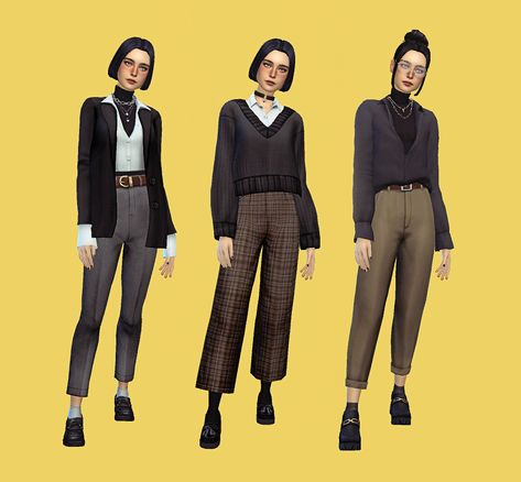 Ts4 Dark Academia Cc, Sims 4 Dark Academia, Dark Academia Lookbook, Sims 4 Base Game Outfits Ideas, Dark Academia Pants, Dark Academia Winter, Light Academia Outfit, Androgynous Outfits, Sims Packs