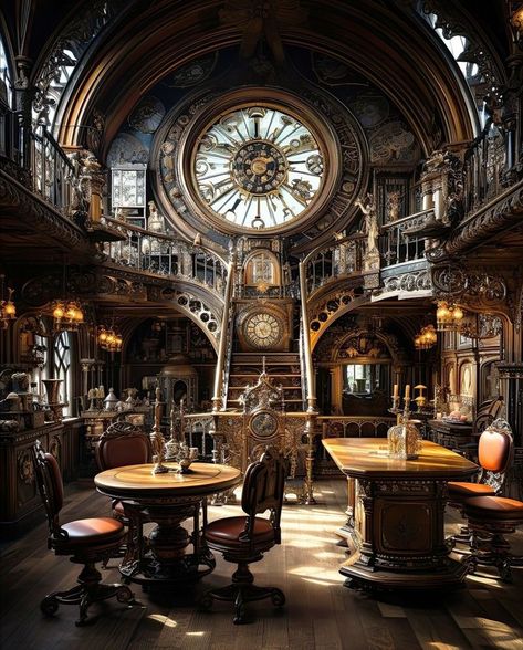 Steampunk House Decor, Steampunk Astethic, Fantasy Study Room, Steampunk Room Ideas, Dark Academia Steampunk, Steampunk Library, Steampunk Interior Design, Steampunk Building, Steampunk Room