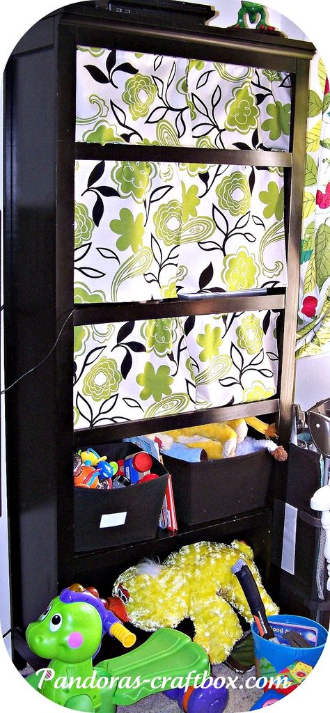 Curtains for Bookshelves--great way to disguise clutter.    visit:  http://www.pandoras-craftbox.com/2012/02/bookshelves-curtains.html for more details! Bookshelf Curtain, Bookshelf Curtains, Upcycle Bookshelf, Easy Curtains, Book Bookshelf, Curtain Diy, Curtain Tutorial, Diy Curtain, Upcycle Books