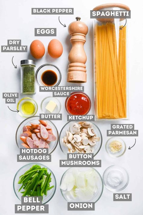 Japanese spaghetti napolitan ingredients on a white background with labels Japanese Spaghetti, Ketchup Sauce, Olive Oil Butter, How To Make Spaghetti, Japanese Recipes, Spaghetti Pasta, Tomato Ketchup, Sausages, Worcestershire Sauce