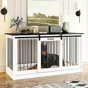 DAWNSPACES Extra Large Dog Crate Furniture, 55" Indoor Heavy Duty Dog Kennel House with Sliding Doors, Furniture Style Dog Crate Table Side End Table TV Stand for XL Large Medium Breed Dogs, White Large Dog Crate Furniture, Extra Large Dog Crate, Heavy Duty Dog Kennel, Dog Crate Table, Dogs White, Furniture Style Dog Crate, Indoor Dog House, Wooden Dog House, Large Dog Crate