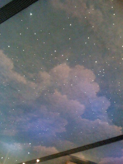 Night Sky Ceiling Paint, Sky Painting Ceiling, Starry Room Aesthetic, Sky Ceiling Diy, Cloud Painted Ceiling, Cloud Ceiling Painting, Starry Ceiling Bedroom, Paint Clouds On Ceiling, Sky Aesthetic Room