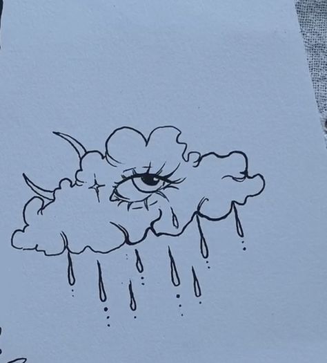 Crying Cloud Tat, Clouds Outline Drawing, Tears Of Rain Tattoo, Rain And Moon Tattoo, Cool Cloud Drawings, Cloud With Eyes Tattoo, Rain Clouds Tattoo, Dark Cloud Drawing, Trippy Clouds Drawing