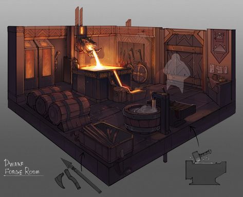 Medieval Forge, Dwarven City, Interior Concept Art, Building Concept, Fantasy City, Interior Concept, Fantasy Map, Fantasy Art Landscapes, Fantasy Concept Art