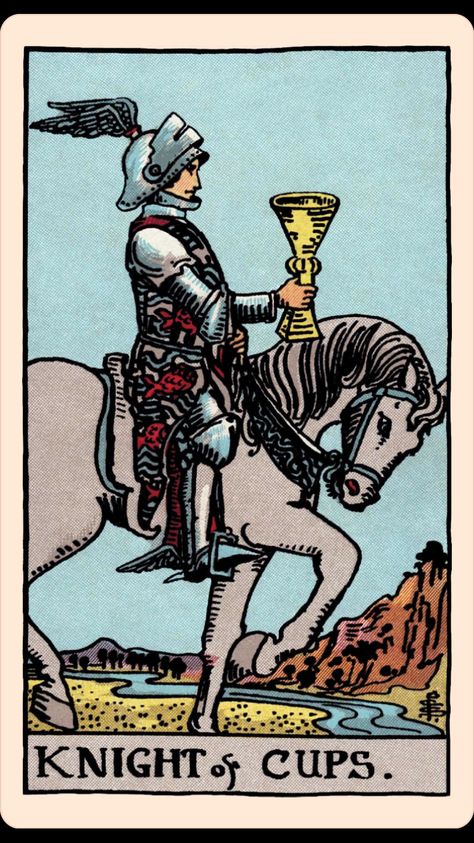 The Card of the Day: The Knight of Cups Knight Of Cups Tarot, Tarot Waite, Tarot Cups, Rider Waite Tarot Cards, Knight Of Cups, Rider Waite Tarot Decks, Tarot Significado, Cups Tarot, 78 Tarot Cards