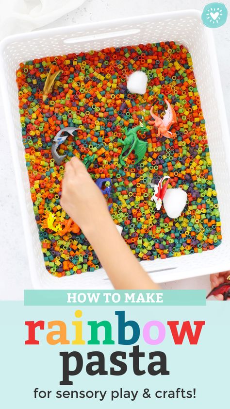 How to Make Rainbow Pasta for Sensory Play - The BEST way to dye pasta so it's vibrant, bold, and beautiful. Perfect for crafts Pasta Sensory Bin, Rainbow Sensory Bin, Dye Pasta, Rainbow Sensory, Rainbow Pasta, Kids Sensory Activities, Colored Pasta, Whole30 Breakfast, Preschool Sensory