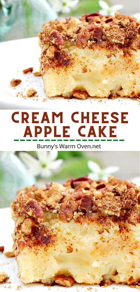 Cream Cheese Apple Cake sitting on a white dessert plate. Hospitality Meals, Deserts With Cream Cheese, Cream Cheese Desserts Easy, Cream Cheese Cake Recipes, Recipes Using Cream Cheese, Cream Cheese Recipes Dessert, Recipe Using Apples, Cream Cheese Coffee Cake, Cream Cheese Bars