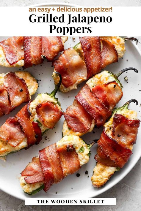 Grilled Jalapeño Poppers - A delicious and easy Grilled Jalapeno Popper recipe that is perfect for your next summer cookout! Bacon-wrapped and so good! #grilledjalapenopoppers #grilledjalapenopoppersrecipes #grilledjalapenopoppersrecipe #baconwrappedjalapenopoppers Grilled Jalapeno Poppers, Grilled Appetizers, Bacon Jalapeno Poppers, Bacon Wrapped Jalapeno Poppers, Jalapeno Popper Recipes, Bacon Wrapped Jalapenos, Jalapeño Poppers, Poppers Recipe, Jalapeno Recipes