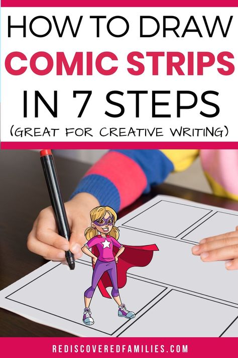 Your Kids will have loads of fun creating their own comics! We'll show you how to draw comic strips in seven easy steps. Includes templates, story line ideas, and video tutorials to help with drawing. It's a creative way get your children writing. Click through to find everything you need to get started. Story Line Ideas, Easy Comics Strips, Help With Drawing, Line Ideas, Comic School, Comic Book Writing, Children Writing, Make A Comic Book, Draw Comic