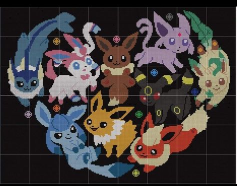 Evee Evolution Cross Stitch, Pokemon Perler Bead Patterns Eevee, Eeveelutions Cross Stitch Pattern, Eevee Cross Stitch Pattern, Eevee Perler Bead Patterns, Eevee Pixel Art, Embroidery Pokemon, Geeky Cross Stitch Patterns, Pokemon Cross Stitch Patterns