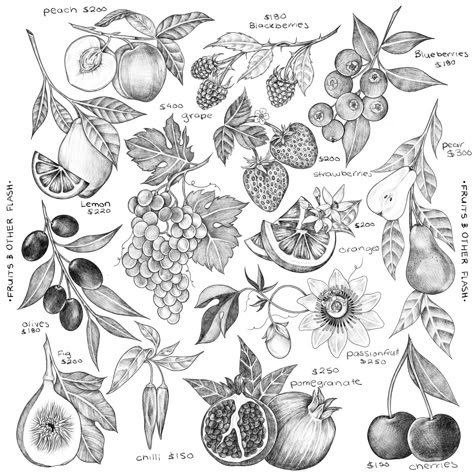 Tattoo ideas that are fruit and vegtable themed#TattooInspiration  #TattooDesigns #BodyArt #TattooIdeas #TattooInspo #TattooLovers Tattoo Themes Sleeve, Vintage Fruit Tattoo, Floral Fruit Tattoo, Floral And Fruit Tattoo, Vine With Fruit Tattoo, Garden Inspired Tattoos, Fruit Plant Tattoo, Berry Plant Tattoo, Garden Themed Tattoos