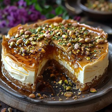 Michael Symon Baklava, Savoury Dessert Recipes, Honey Pistachio Cheesecake, Honey Baklava Cheesecake, Pistachio Baklava Cake, Baklava Pistachio Cheesecake, Desserts To Impress Dinner Parties, Decadent Cheesecake Recipes, Pistachio Baklava Cheesecake