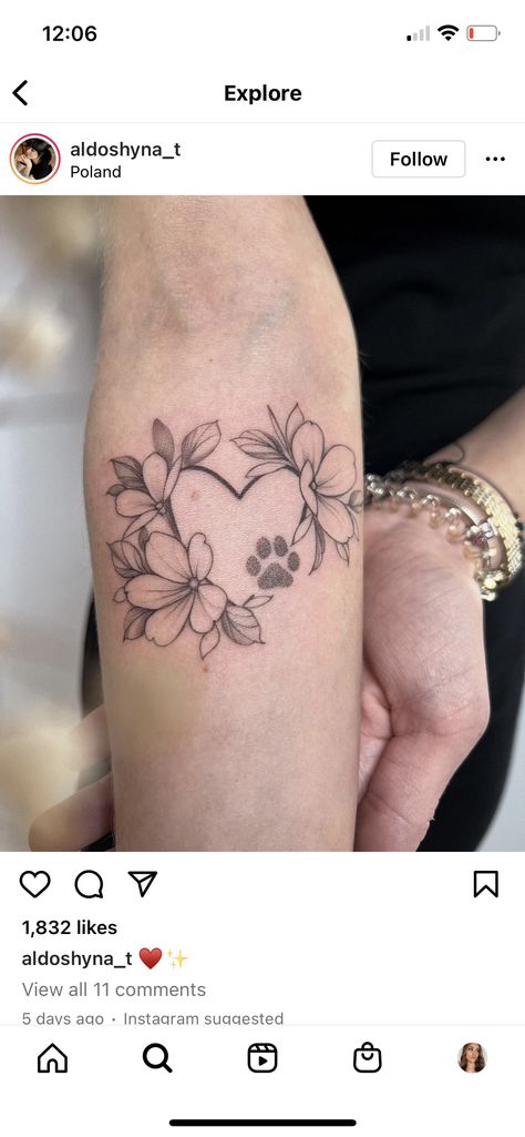 Lily Tattoo With Paw Print, Paws And Flowers Tattoo, Dog Paw And Flower Tattoo, Flowers And Paw Print Tattoo, Paw Flower Tattoo, Paw Print And Flower Tattoo, Dog Rose Tattoo, Paw Print Tattoo With Flowers, Floral Paw Print Tattoo