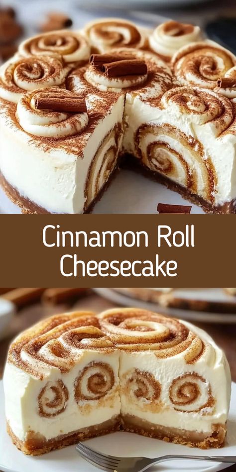 This Cinnamon Roll Cheesecake is the ultimate dessert combo! Creamy, cinnamon-swirled goodness that melts in your mouth.   Ingredients:  2 cups graham cracker crumbs 1/2 cup unsalted butter, melted 2 tablespoons sugar 2 teaspoons cinnamon 3 packages (8 oz each) cream cheese, softened 1 cup sugar 1 teaspoon vanilla extract 3 large eggs 1/2 cup sour cream 1/2 cup brown sugar 1 tablespoon ground cinnamon 1/4 cup melted butter (for cinnamon swirl) Cream cheese frosting (optional, for topping) Soft And Fluffy Cinnamon-walnut Rolls With Cream Cheese Frosting, Cinnamon Bun Cheesecake Recipe, Cinnamon Honey Bun Cheesecake, Carrot Cake Cheesecake Recipe, Cream Cheese Cheesecake, Roll Cheesecake, Tasty Appetizers, Cinnamon Cheesecake, Cinnamon Roll Cheesecake