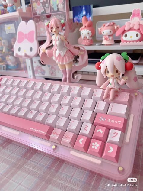 Sanrio Gaming Setup, Cute Pink Keyboard, Music Bedroom Ideas, Kawaii Gaming Setup, Kawaii Switch, Kids Music Room, Kawaii Room Ideas, Music Bedroom, Pink Games