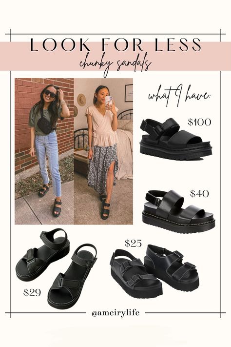 Doc martens voss sandals, chunky sandals as well as some more affordbale options! #sandals #drmartens #drmartensoutfit #docmartensstyle #platforms Voss Doc Martens Outfit, Black Sandals 2023, Black Dr Marten Sandals Outfit, Croc Platform Sandals Outfit, Dm Sandals Outfit, Platform Doc Marten Sandals Outfit, Style Doc Marten Sandals, Bulky Sandals Outfit, Voss Ii Sandals Outfit