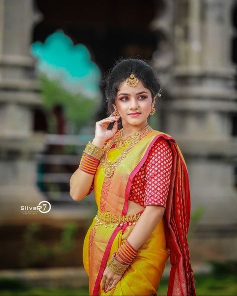 Haldi Ceremony Outfit, Indian Bride Poses, Half Saree Function, Indian Bride Photography Poses, Indian Wedding Poses, Bride Photos Poses, Samantha Images, Indian Wedding Photography Couples, Engagement Photography Poses