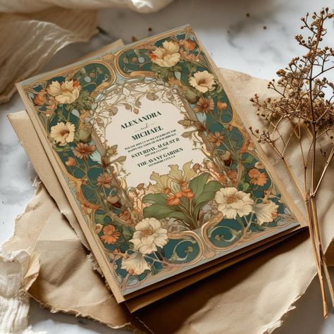 Flora Vintage Art Nouveau Wedding Vintage Style Wedding Invites, Fairytale Wedding Invitations Enchanted, Wedding Invitations Cottagecore, Cottage Core Wedding Invites, Pride And Prejudice Wedding Invitations, Stained Glass Wedding Invitation, Fairy Wedding Invitations, Desi Wedding Invitations, Wedding Inventions