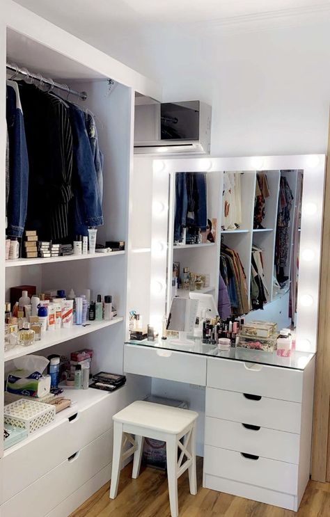 Walk In Closet Dresser Island, Vanity Inside Walk In Closet, Closet Design Layout With Vanity, Small Walk In Closet With Dresser, Small Walk In Closet With Makeup Vanity, Walkin Closet With Vanity, Closet Organization Ideas With Vanity, Small Closet With Vanity, Small Walk In Closet With Vanity