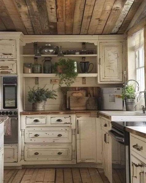 Vintage Cottage Kitchen, Kitchen Beadboard, Farm Kitchens, Diy Farmhouse Kitchen, Diy Farmhouse Kitchen Decor, Old Farmhouse Kitchen, Farmhouse Projects, Farmhouse Kitchen Decor Ideas, Farmhouse Kitchen Inspiration