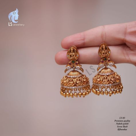 Jimki Designs, Butta Kammalu Gold Designs, Buttalu Earrings Gold Bridal, Jumkas Antiques, Jumkas Gold, Buttalu Earrings Gold, Golden Jhumka, Big Earrings Gold, Pretty Gold Necklaces