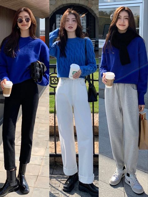 Winter Outfit Lookbook, Dark Blue Outfit Casual, Korean University Fashion, Korean University Outfit, Korean Pants Outfit, University Ootd, Sweater Outfits Korean, Korean Casual Outfits, Korean Fashion Dress