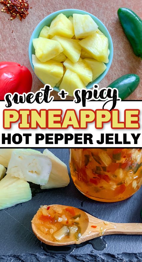 Super easy sweet and spicy Pineapple Hot Pepper Jelly recipe for appetizers! This jelly is make with pineapple (fresh or frozen), jalapenos, and red pepper! Perfect to serve with cheese and crackers as an easy party appetizer. Pineapple Pepper Jelly Recipe, Pepper Jam Recipe, Red Pepper Jelly Recipe, Jalapeno Jelly Recipes, Jalapeno Pepper Jelly, Pineapple Jelly, Hot Pepper Recipes, Pepper Jam, Canning Jam Recipes