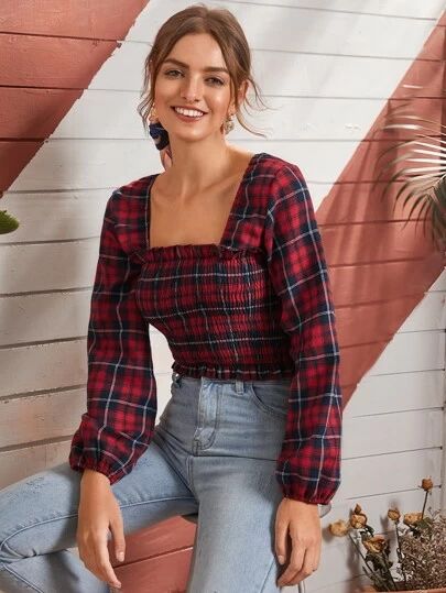 BLACK FRIDAY 2019 | Women's Tops & Blouses | SHEIN USA Shirred Crop Top, Tartan Blouse, Crop Tops Online, Famous Designer, Shein Style, Cute Tops, Women's Plaid Shirt, Square Neck, Aesthetic Clothes