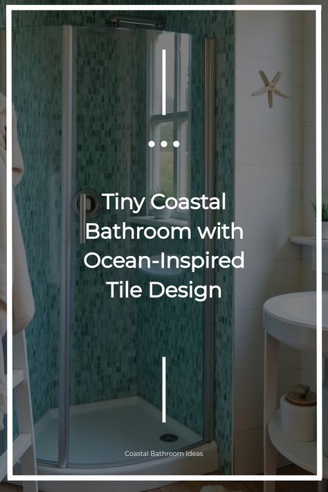 Small bathroom with ocean blue mosaic tiles and corner shower Beach Bathrooms Ideas, Bathroom Remodel Beach Theme, Coastal Small Bathroom Ideas, Corner Shower Ideas For Small Bathrooms, Small Beach Bathroom Ideas, Modern Beach House Bathroom, Aquatic Bathroom, Small Beach Bathroom, Ideas For Tiny Bathrooms