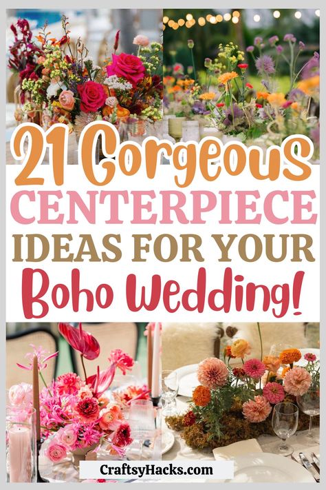 Transform your wedding tables with exquisite boho wedding decor. Discover wedding centerpiece ideas that incorporate earthy tones and eclectic details. Ideal for planning a wedding that's stylish on a budget. Boho Themed Wedding Centerpieces, Boho Wedding Must Haves, Wedding Table Decorations Natural, Summer Flower Wedding Centerpieces, Simple Rustic Wedding Centerpieces Long Tables, Fall Boho Wedding Table Centerpieces, Eclectic Centerpieces Wedding, Modern Boho Wedding Decor Receptions, Candle Center Piece For Wedding Tables