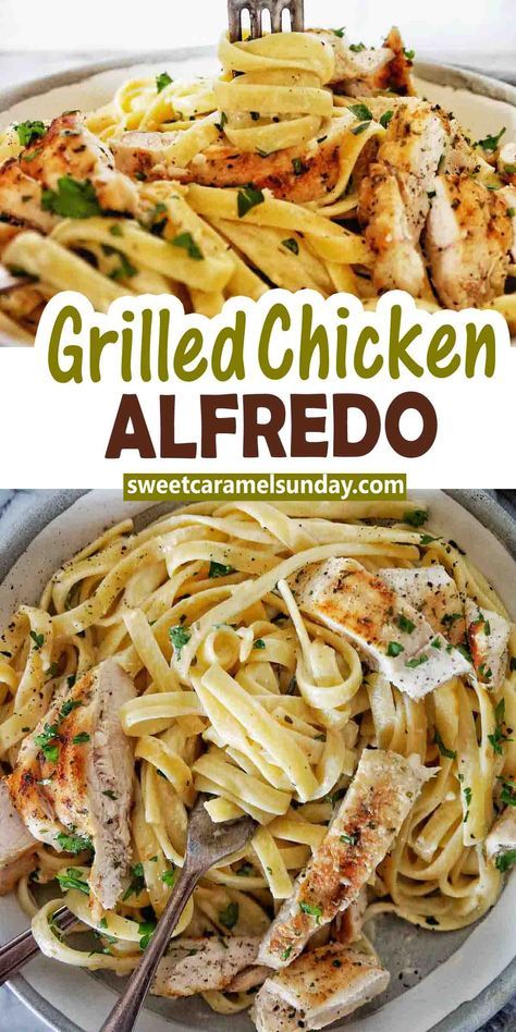 Grilled Chicken Alfredo is a quick and easy pasta recipe. With succulent, juicy chicken and a creamy sauce this makes the perfect dinner! #pasta @sweetcaramelsunday Grilled Chicken Alfredo Pasta, Pasta Packet, Grilled Chicken Alfredo, Main Dinner Dishes, Easy Pasta Recipe, Dinner Pasta, Chicken Alfredo Pasta, Pasta Bar, Perfect Dinner