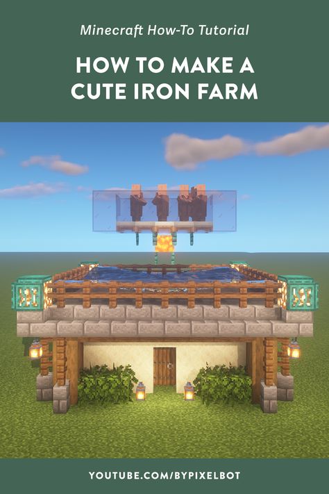 How to Make a Cute Iron Farm (No Zombies) Easy Minecraft Tutorial Minecraft Starter Farm Ideas, Minecraft Iron Farm Decoration, Minecraft Iron Farm Design, Minecraft Camp Fire Ideas, Minecraft Iron Farm, Minecraft House Ideas Cottage, Minecraft Bases, Minecraft Camp, Minecraft Farms