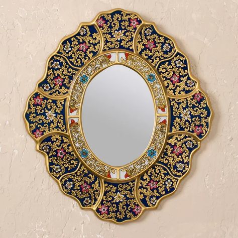 World Menagerie Kaydan Reverse Painted Glass "Garden Gold" Wall Mirror & Reviews | Wayfair Eclectic Mirror, Wall Mirror Decoration, Mirror Garden, Leaf Mirror, Gold Wall Mirror, Distressed Walls, Reverse Painted Glass, Buddhist Symbols, Mirror Decoration