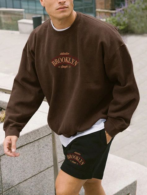 2pcs Men's Casual Crew Neck Long Sleeve Sweatshirt And Shorts Set With Graphic Print, Spring Autumn Coffee Brown Casual    Colorblock,Letter  Slight Stretch  Men Clothing, size features are:Bust: ,Length: ,Sleeve Length: Brown Crewneck Outfit, Crewneck Outfit Men, Sweatshirt And Shorts, Crewneck Outfit, Mens Shorts Outfits, Mens Outfit Inspiration, Men Plus Size, Casual Summer Tops, Sweatshirt Outfit