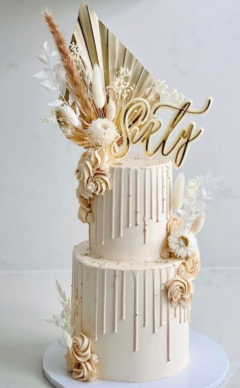 60th Birthday Cake For Mom, 50th Birthday Cake For Women, 60th Birthday Ideas For Mom, New Cake Design, Golden Birthday Cakes, Birthday Cake For Mom, Birthday Cake Decorating Ideas, Boho Cake, Gold Birthday Cake