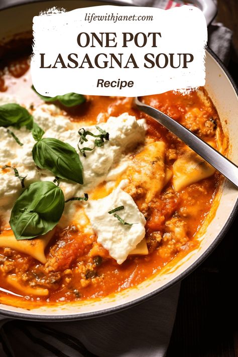 Homestyle bowl of lasagna soup with floating ricotta dollops, basil, and unevenly melted mozzarella, set on an old wooden table. Lasagna Soup With Jar Sauce, Lasagna Soup Recipe With Cottage Cheese, Lasagna Recipe With Ricotta Soup, Lasagna Soup Ricotta, Italian Soup Recipes Homemade, One Pot Lasagna Soup Recipe, Lasagna Soup With Meatballs, Lasagna Soup Creamy, Lasagna Soup Dutch Oven