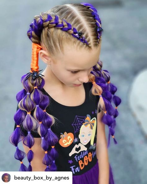 Super cute purple and orange braided hairstyle for Halloween. Are you ready to get spooky? Whether you're looking for fun hairstyles for Halloween or Halloween hair color ideas, you'll get some serious hair inspo from this post! Here are 31 of the coolest, most creative Halloween hairstyles on the planet! Halloween Braids Hairstyles, Halloween Crazy Hair Day Ideas, Kids Halloween Hair, Spooky Hair Color, Halloween Braids, Hairstyles For Halloween, Halloween Hair Styles, Halloween Hair Ideas, Halloween Hair Color