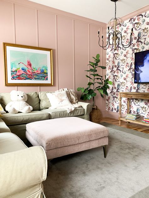 An Update On The Revamped Oak Office, Turned Movie / Tv / Play Room — COPPER CORNERS Pink Wallpaper Living Room, Oak Office, Paper Walls, Pink Accent Walls, Pink Movies, Birds Wallpaper, New Paint Colors, Blush Wallpaper, Coffee Bars In Kitchen