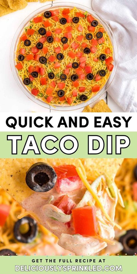 Always one of the best holiday appetizers! This cold dip is a perfect New Year's Eve food idea or a simple game day recipe. With a combo of cream cheese and sour cream, this Easy Taco Dip is delicious! Taco Dip Recipe With Cream Cheese, Cold Dip Appetizers, Cold Taco Dip With Cream Cheese, Taco Dip With Sour Cream, Crockpot Dips For Parties Easy, Cold Taco Dip, Quick Dip Recipes, Holiday Party Food Easy, Easy Yummy Dips