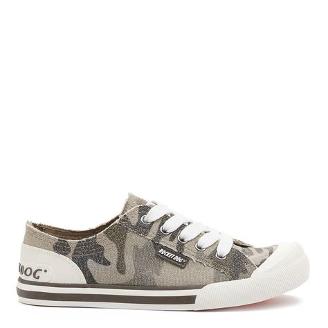 Jazzin Camo Sneaker – Rocket Dog®    Spice up your sneaker collection with Jazzin's army camo cotton upper.        Natural camo cotton upper      White rubber Rocket Dog logo along the heel      Round toe      White rubber toe cap      White and olive rubber sole      Lace-up shoe Leather Camouflage Sneakers With Round Toe, Casual Lace-up Sneakers With Star Print, Low-top Camouflage Sneakers With Rubber Sole, Outdoor Camouflage Low-top Sneakers, Rocket Dogs, Rocket Dog Shoes, Camo Sneakers, Hip Hop Costumes, Leopard Print Low-top Synthetic Sneakers