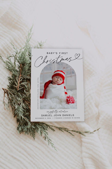 Celebrate your little one's first Christmas in style with this customizable birth announcement card template! Perfect for spreading holiday cheer and sharing your baby's arrival with loved ones. Easy to edit, download, and print at home. Ideal for new moms, photographers, and anyone looking for a personal touch to their Christmas greetings. #christmasbaby #christmasbirthcard Christmas Card Birth Announcement, Mistletoe Printable, Birth Announcement Christmas Card, Holiday Birth Announcement, Christmas Birth Announcement, Christmas Mistletoe, Birth Announcement Photos, Birth Announcement Template, Newborn Announcement